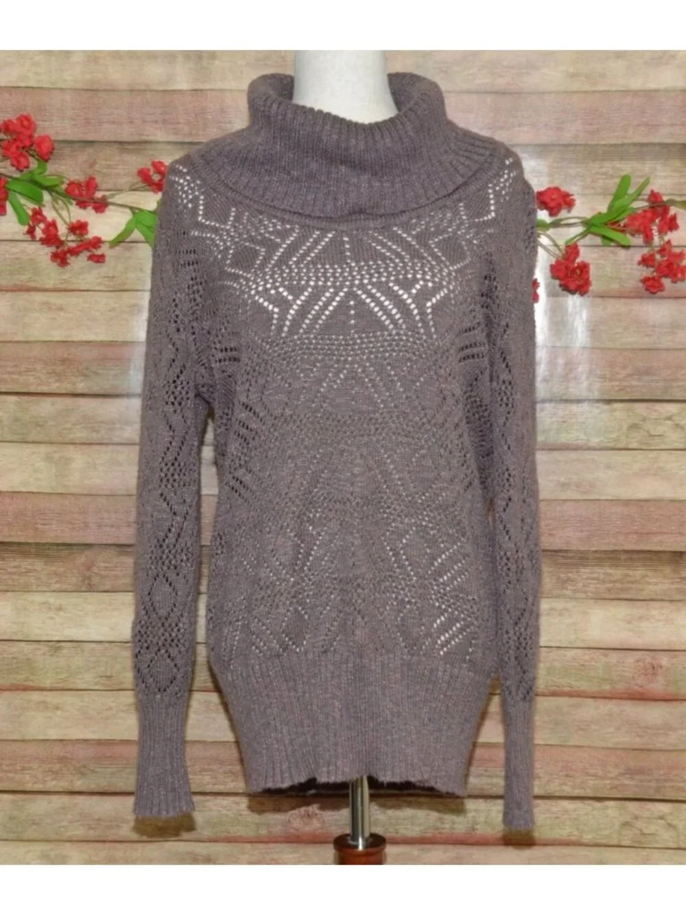 Maurices Sweater Womens L Taupe Brown Cowl Neck Pointelle Open Knit Boho